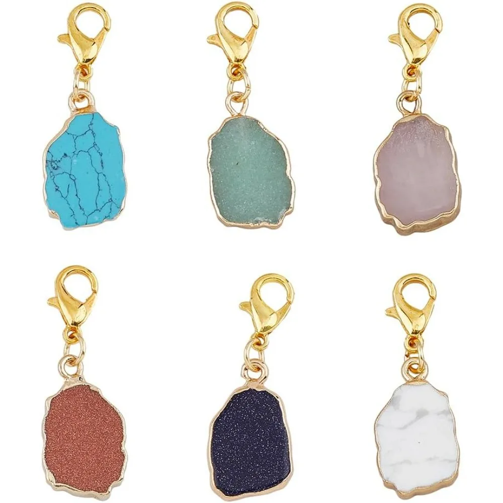 6 Sets Irregular Stone Pendants Natural Stone Keychain Charms with Lobster Claw Clasps Blue Green Aventurine Charms for DIY