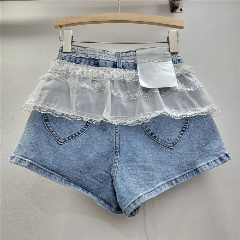 High Waist Splicing Lace Denim Shorts Women's Jeans Shorts Spring and Summer 2025 New Thin Wide-leg A-line Shorts Girl Hot Pants