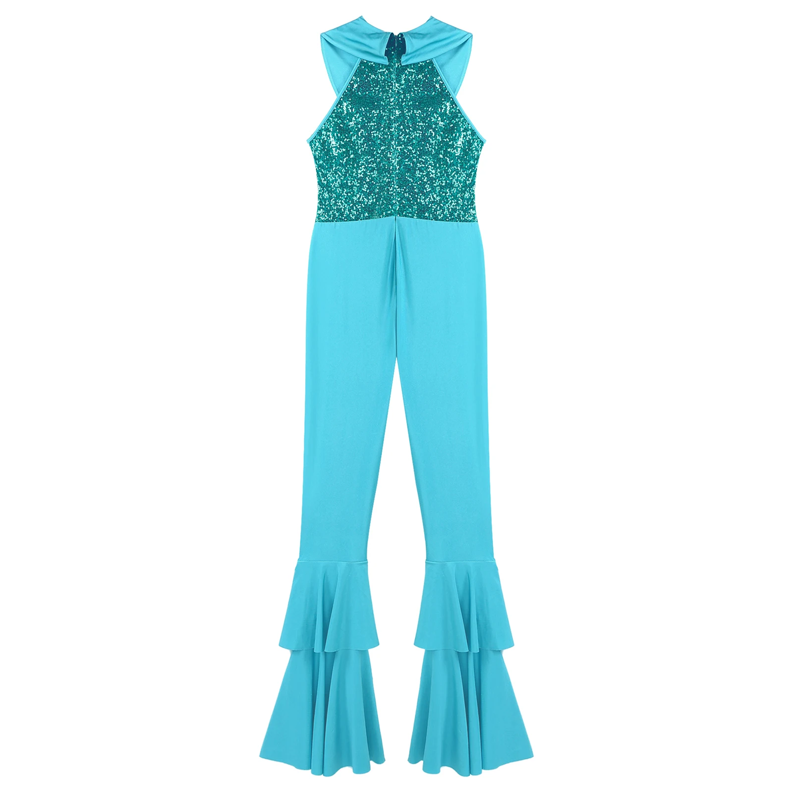 Combinaison de danse à paillettes brillantes pour femmes, sans manches, fermeture éclair, strass, joint torique, bas de cloche à plusieurs niveaux sur le devant, pour fête à thème Disco