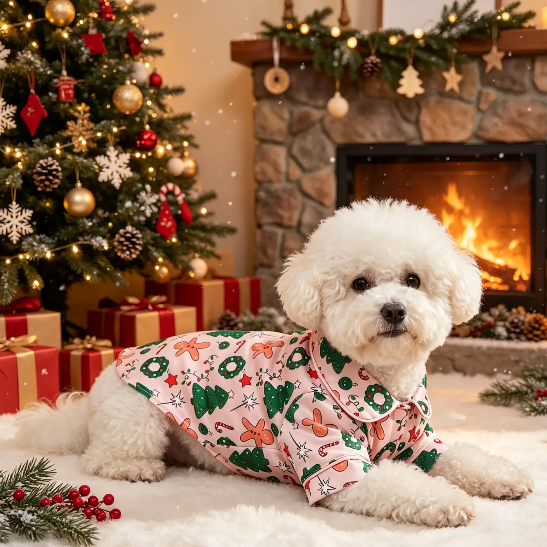 Pet hoodie, Christmas sweet winter elements pet collar shirt, cartoon gingerbread wreath Christmas tree print top