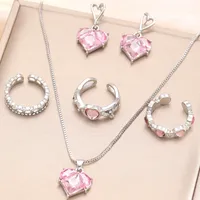 6Pcs/Set Pink Crystal Heart Jewelry Set for Women Simple Y2K Zircon Love Elegant Pendant Necklaces Ring Drop Earring Girls Gifts