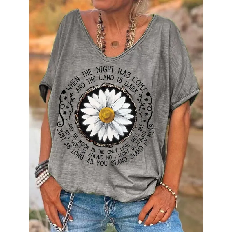 ilstile Damen-T-Shirts mit Hippie-Blumendruck, Sommer, Strand, kurzärmelig, lässig, lockerer V-Ausschnitt, Tops, Schwarz, Grau, T-Shirts, Neu eingetroffen