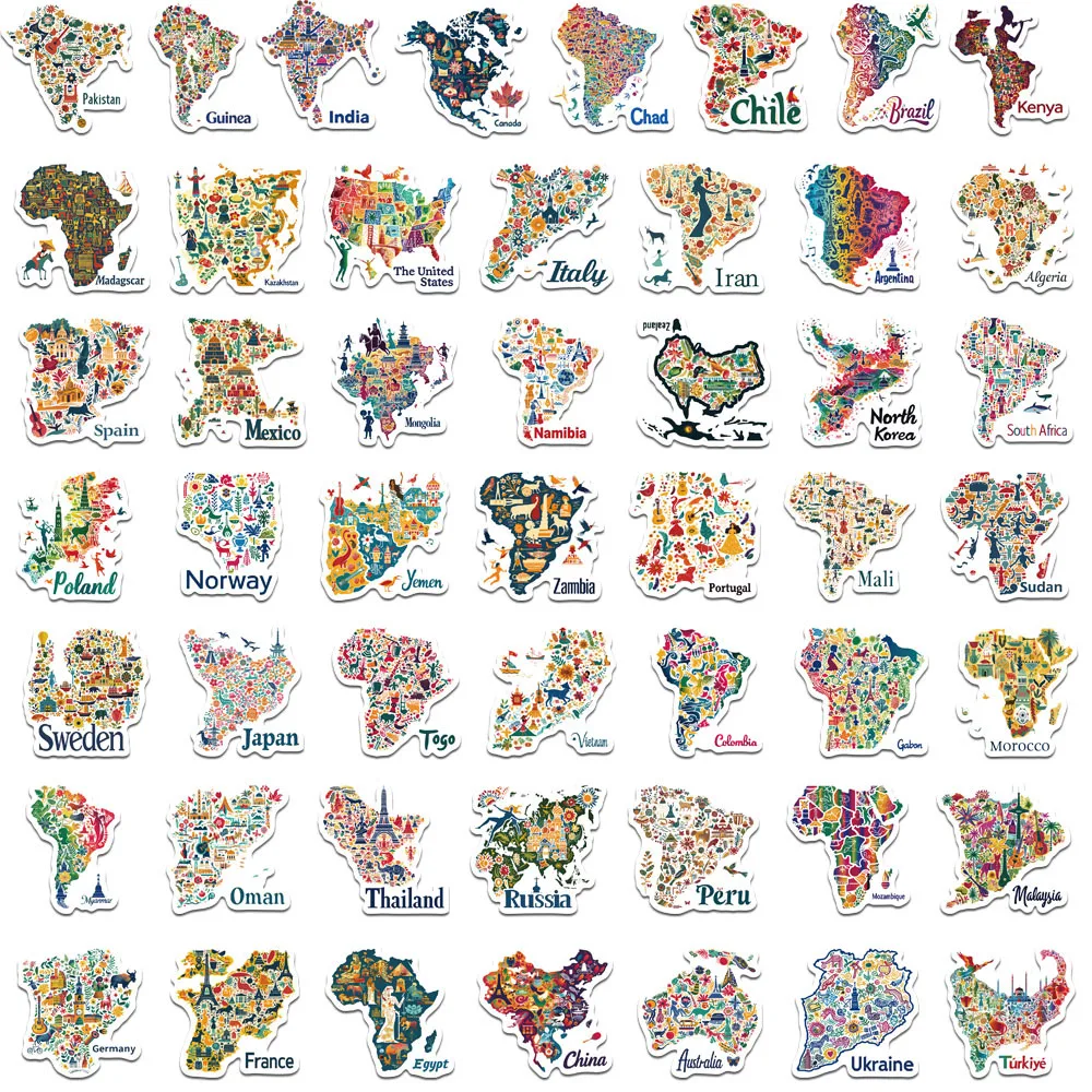 10/30/50PCS World Map Sticker Funny Decals Waterproof Graffiti DIY Scrapbook Luggage Laptop Phone Car Bike Skateboard Kids Toy