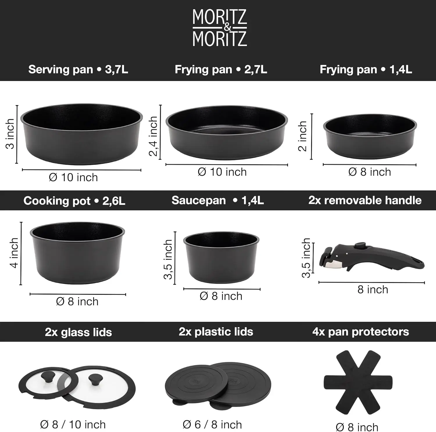 15点セット 鋳造アルミニウム製 ノンスティック調理器具セット |   積み重ね可能な鍋とフライパン、取り外し可能なハンドル、グラナイトコーティング、IH対応