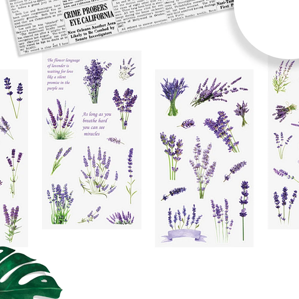 6Sheets Transparent Lavender Stickers, Waterproof PET Floral Decals for Laptop Tablet DIY Decor