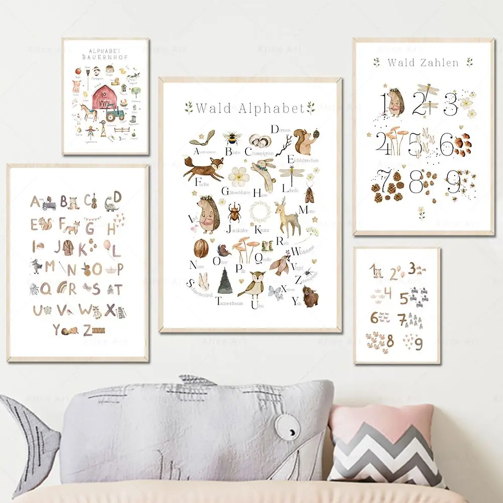

Education Poster Cartoon Animal ABC Alphabet Number Nursery Wall Art Print Canvas Painting Wall Pictures Kids Baby Room Decor