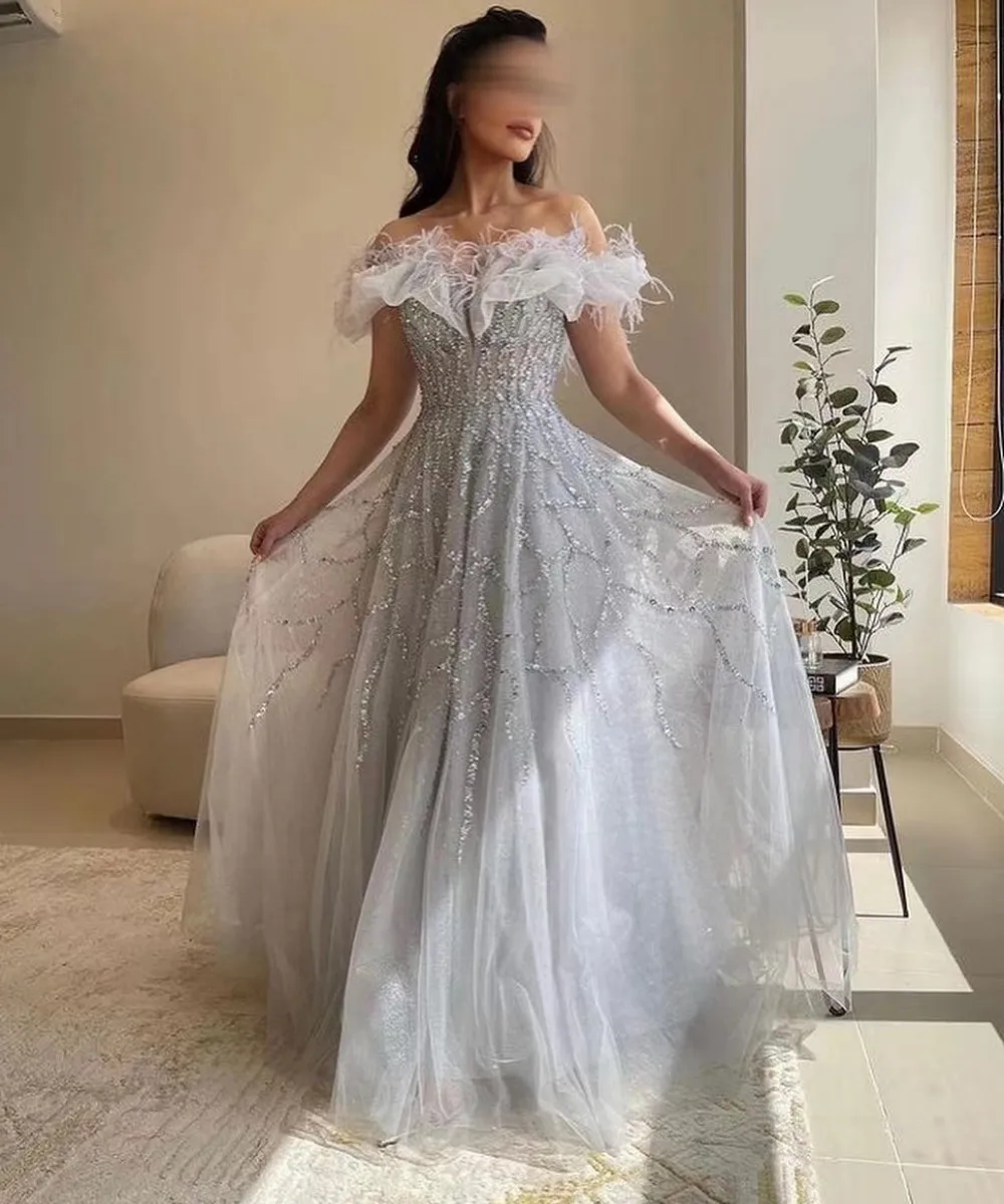 Fashionvane Bateau Neck suknie balowe pióra zroszony luksusowe korowód Party długi tiul elegancka formalna suknia wieczorowa linia Vestidos