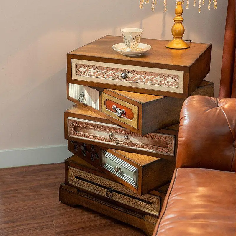 American retro rotating bedside table, medieval solid wood storage small apartment storage cabinet