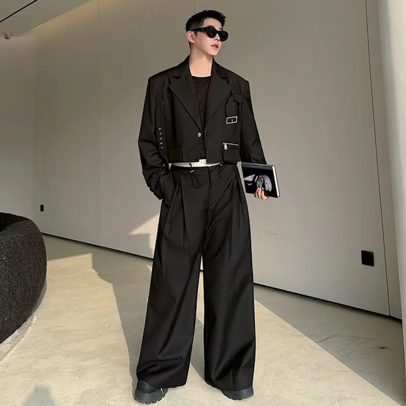 WVGA Spring Autumn New Man Lace-Up Trendy Short Blazer Niche Chic Casual Leather Drawstring Wide-Leg Pants Two Pieces Set W13692