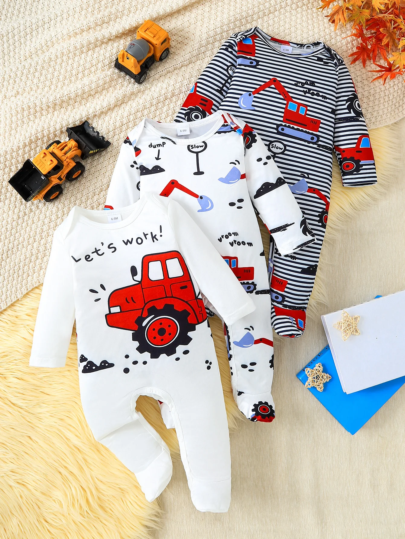 3Pcs Baby Boy Footed Romper, Cartoon Construction Vehicle Print Long Sleeve Jumpsuit 0‑18M