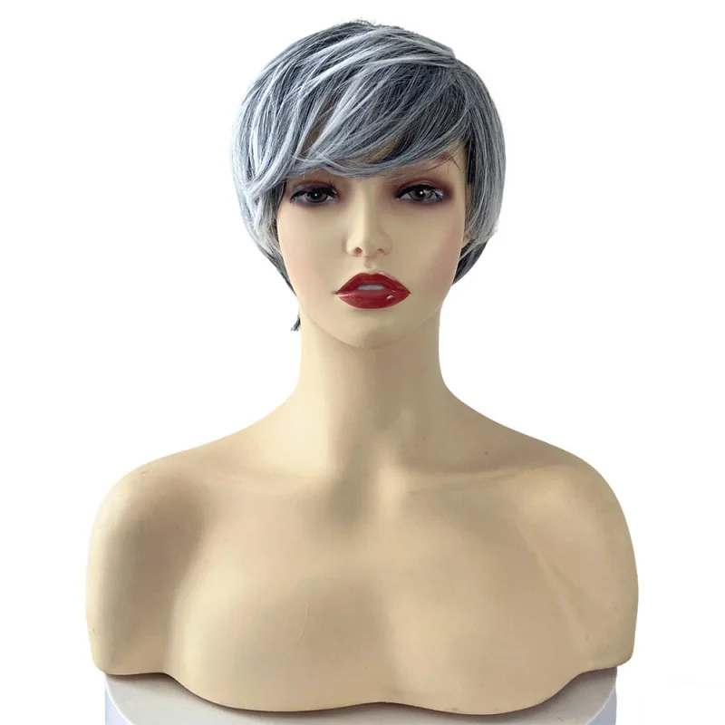 Picture 6: New European American black and white highlighted short hair for women, synthetic fiber machine-made wig