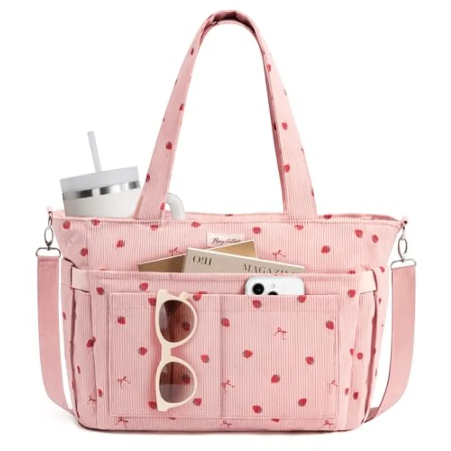 

Bagstellar Corduroy Tote Bag for Women 17 Pockets Laptop Work Tote Bag Lightweight Teacher Nurse Bible Bag for School Travel wi