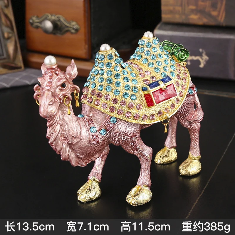 Large diamond-encrusted camel-shaped jewelry box, Russian colored tin storage box, travel souvenir