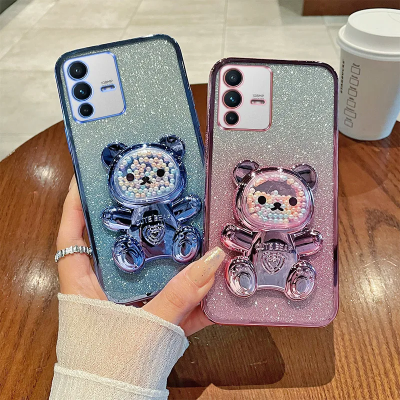 For VIVO V23 Pro Case Soft Silicone Bling Shockproof Electroplated TPU Cell Phone Casing For V2132 Back Cover Cute Bear Stand