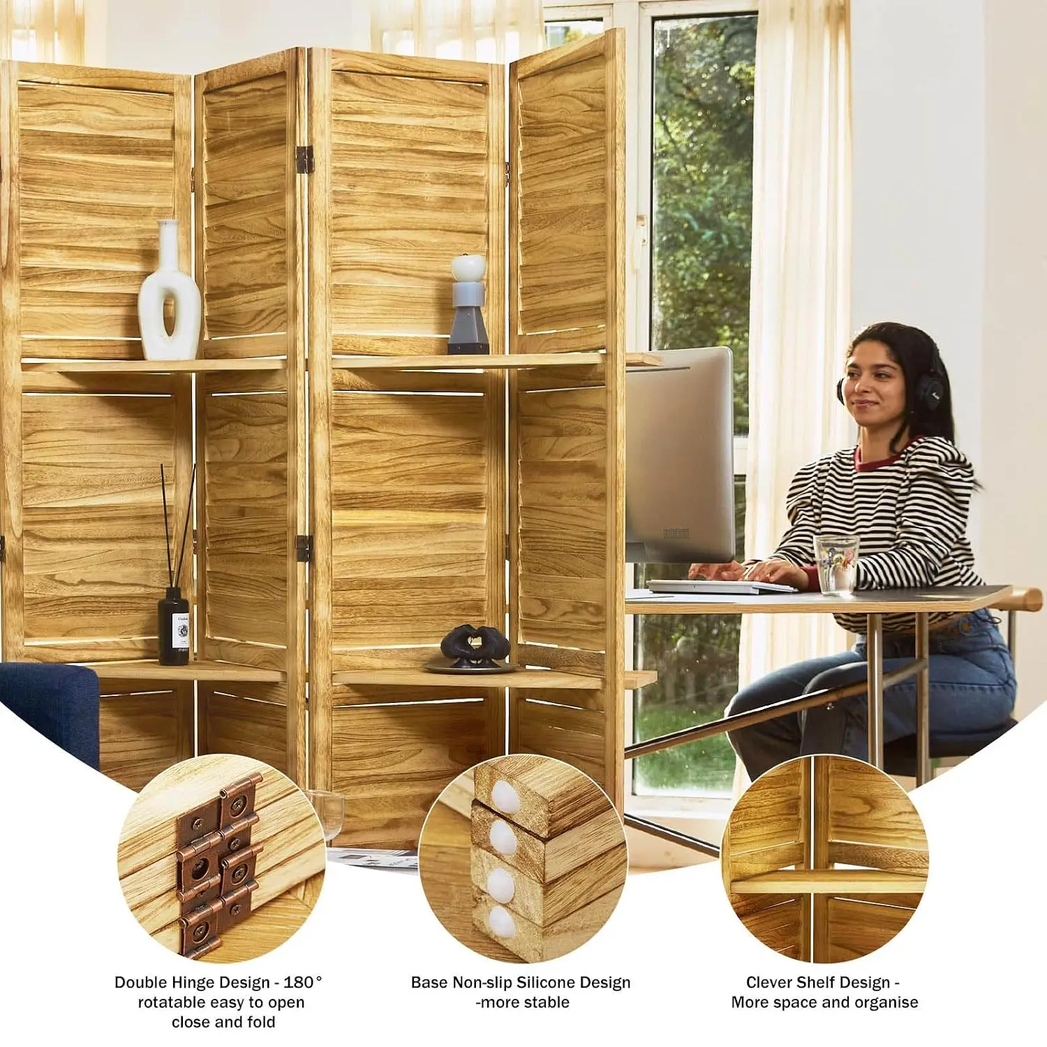 Folding Wood Room Divider with 3 Display Shelves, 67x51inch Privacy Screen for Home Office & Study, 4 Panel, Customized