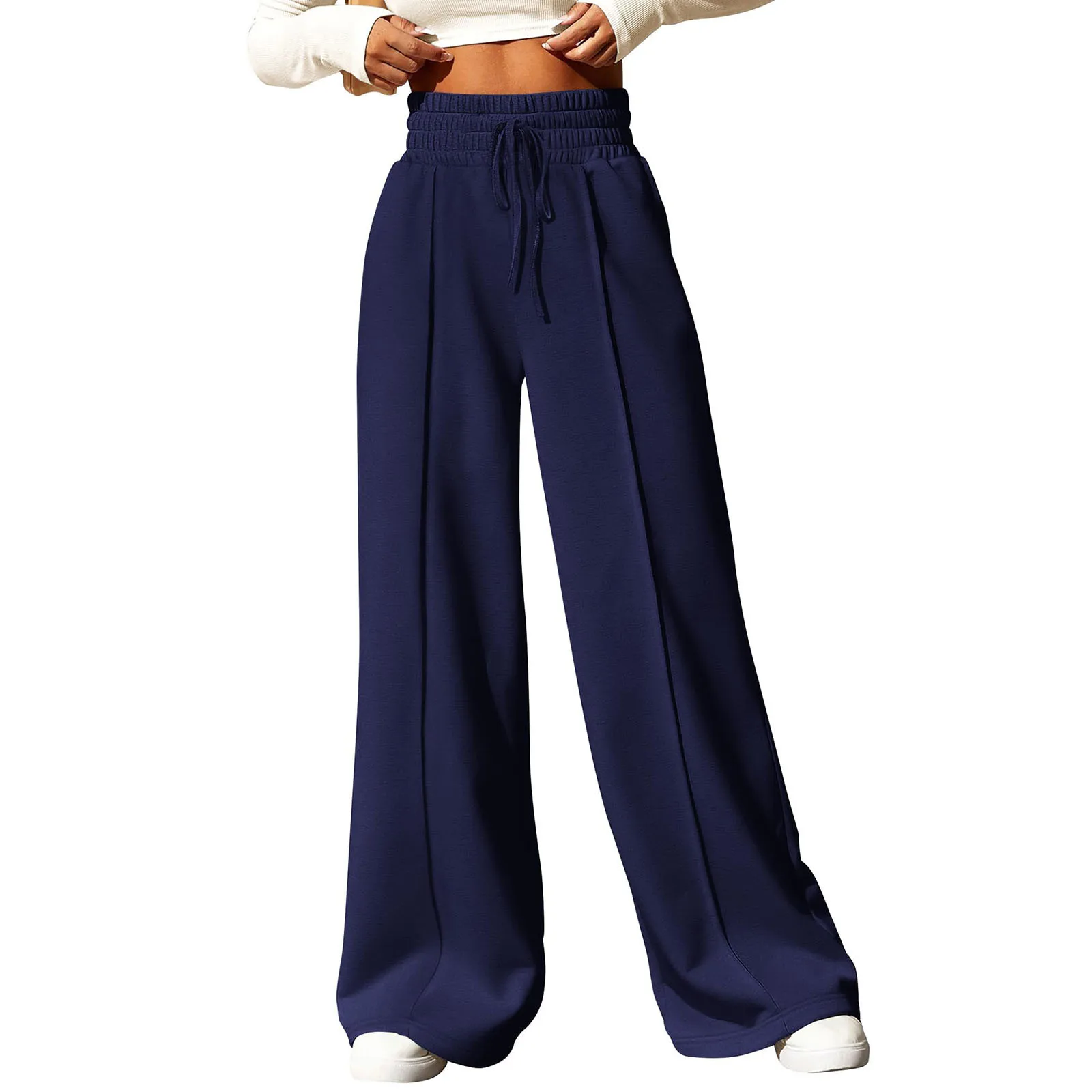 Women\'s Fashion Solid Colour High Waisted Drawstring Waist Wide Leg Sweatpants with Pockets Casual Loose Yoga Pants NEW 202