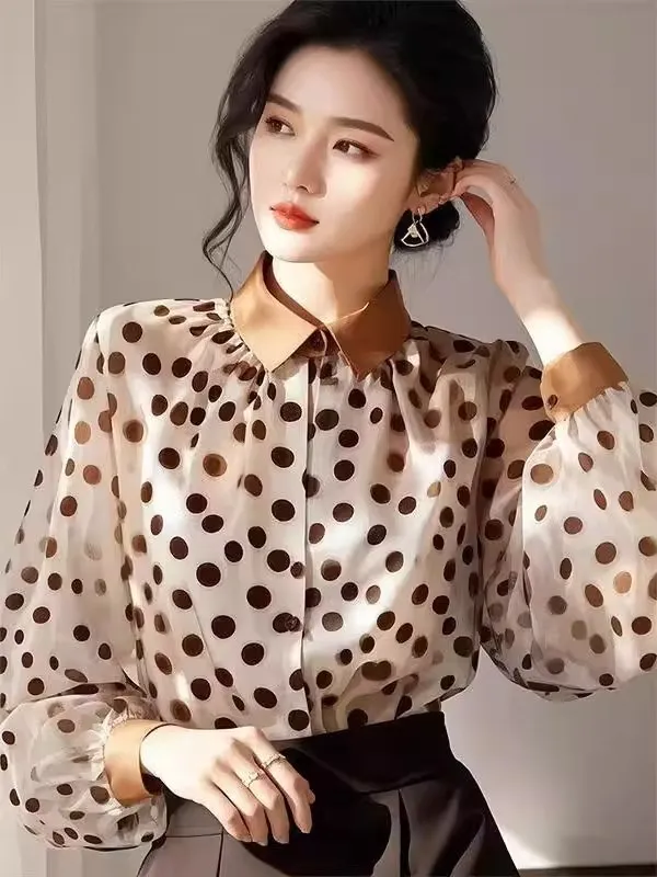 2025 Summer New Loose Polka Dot Women's Shirt Design Sunscreen Chiffon Blouse Elegant Commute Style Long Sleeve Collar