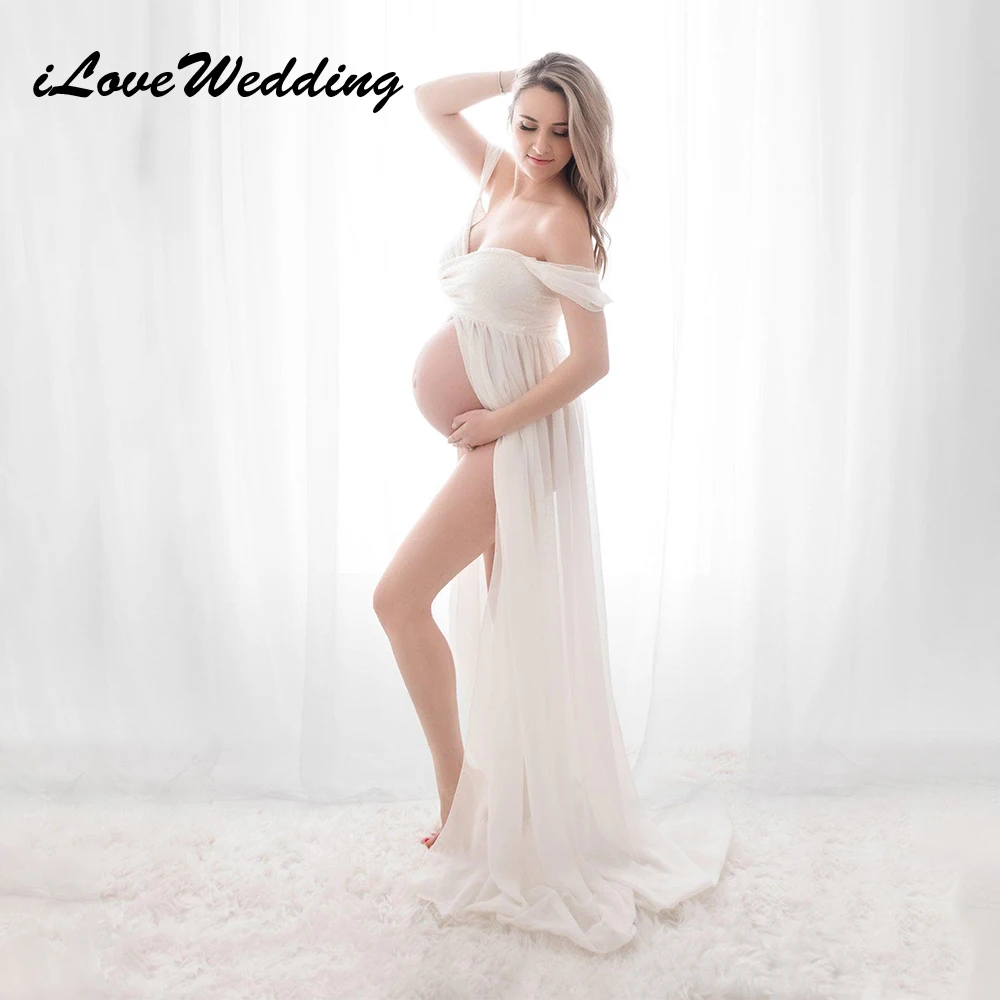 

IloveWedding Maternity Dress for Photoshoot Off Shoulder Chiffon Prom Gown 2024 Split Front Sweetheart Pregnancy for Photography