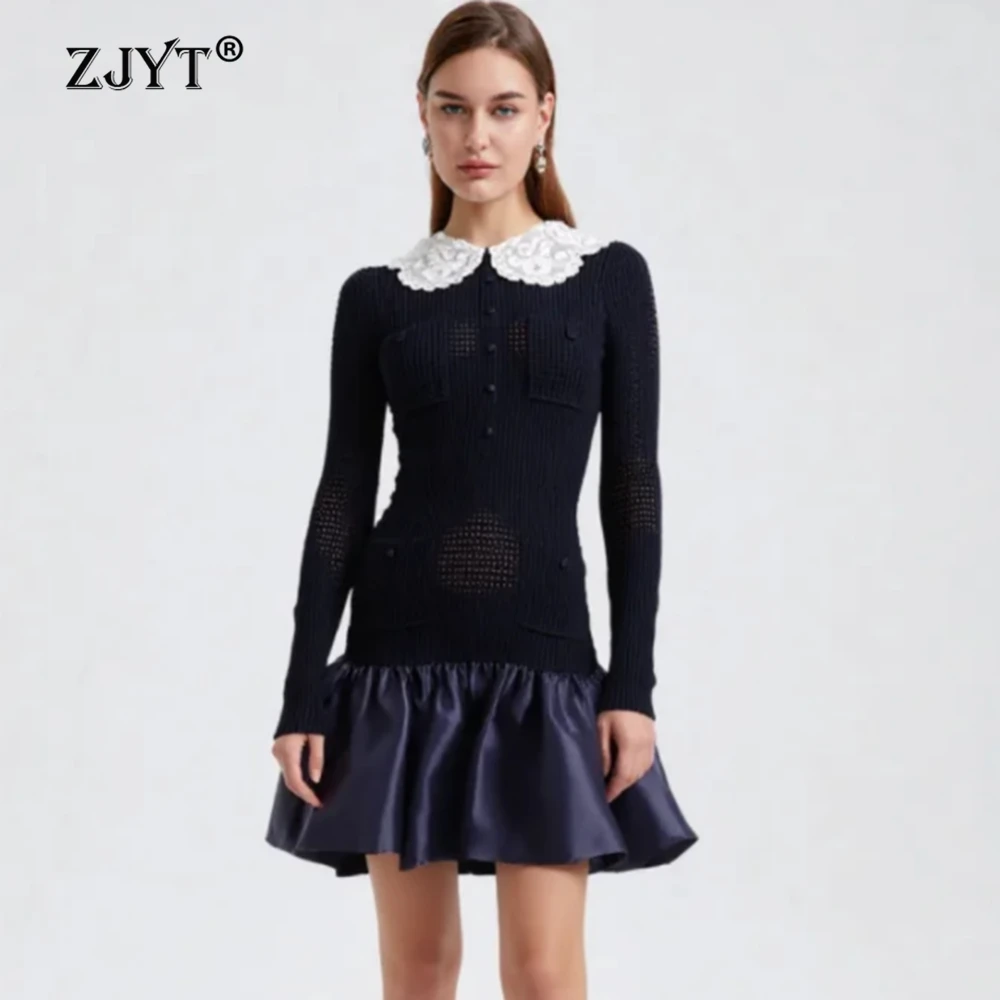 

ZJYT Spring 2026 New Women's Knit Short Dress Long Sleeve Peter Pan Collar Elegant Blue Party Casual Dresses Sweaters Vestidos