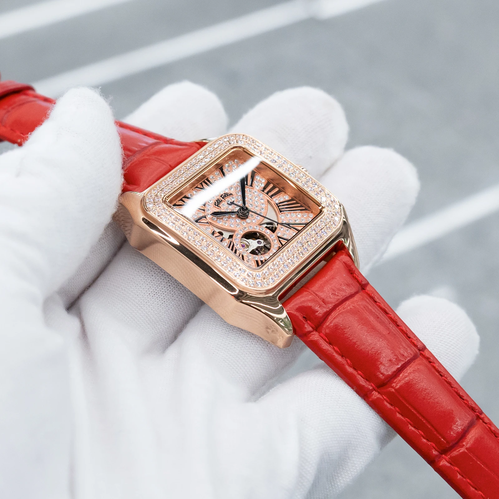 ساعة فولي فولي للسيدات بمينا ذهبي وردي وألماس أوتوماتيكية مع أرقام رومانية وحزام جلدي فاخر للسيدات #3