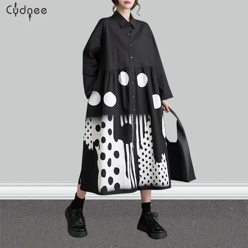 Japanese Yamamoto Dark Style Patchwork Polka Dot Print Loose Chic Street Fashion Women Spring Long Sleeve Casual Shirt Dresses