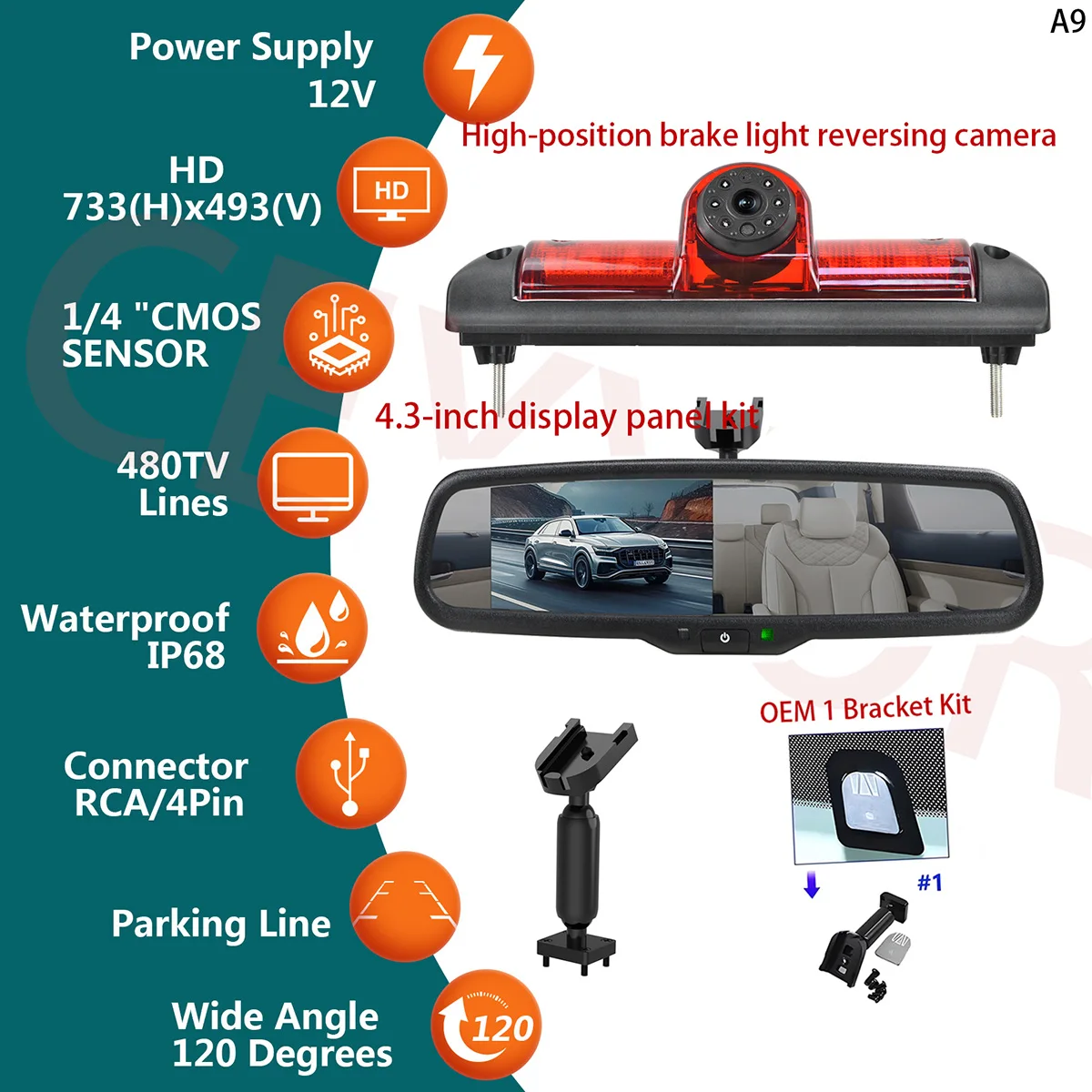 

Applicableto Fiat Ducato Vauxhall Movano Citroen Relay/Jumper Peugeot Boxer (2006-)Reverse camera4.3-inch display monitoring kit
