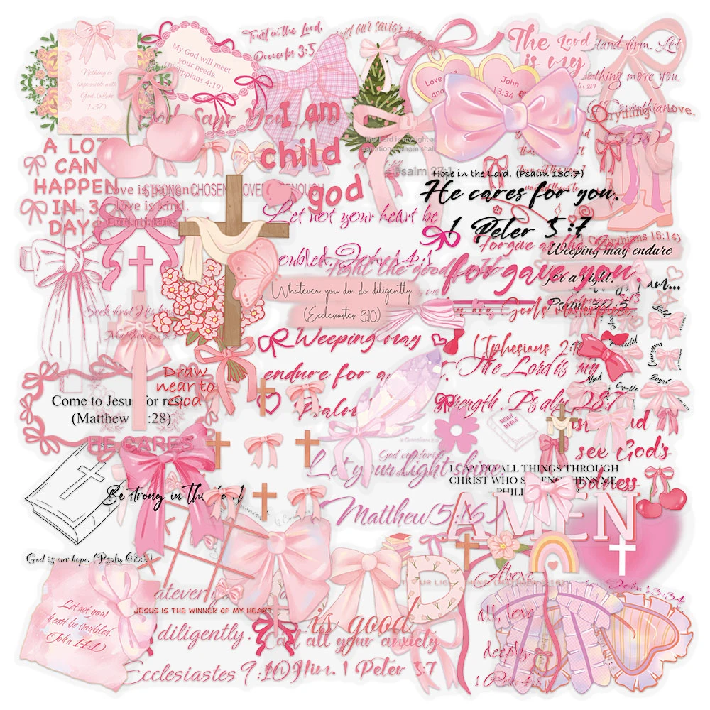 

10/30/50pcs Transparent Pink Bow Bible Cartoon Stickers Aesthetic Butterfly Knot Graffiti Sticker Luggage Phone Notebook Decals