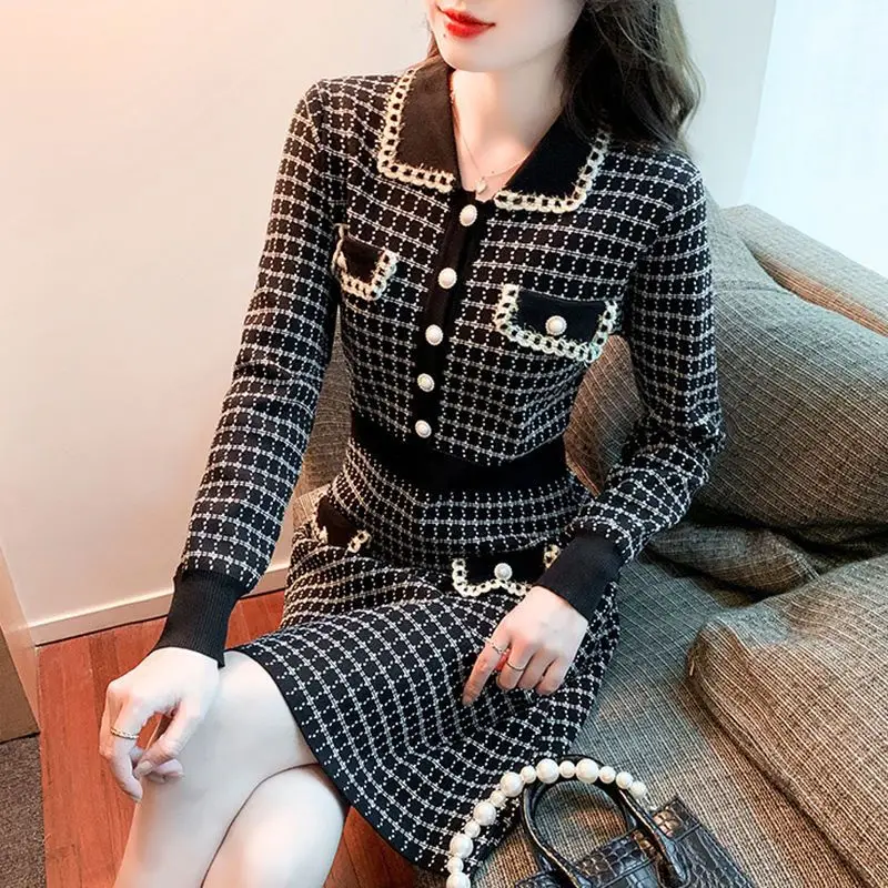 

Rends Houndstooth Knit Dress Women Spring Autumn Long-Sleeve Slim Dress Button Lapel Design Wool Dress Soft High-End Clothing