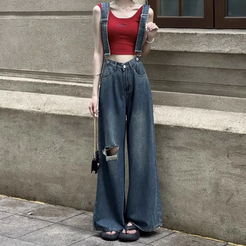 

Korean Fashion Jumpsuit Women Hole Denim Blue Trousers Harajuku Y2k Loose Overalls Rompers Trendy Chic High Waist Wide Leg Pants