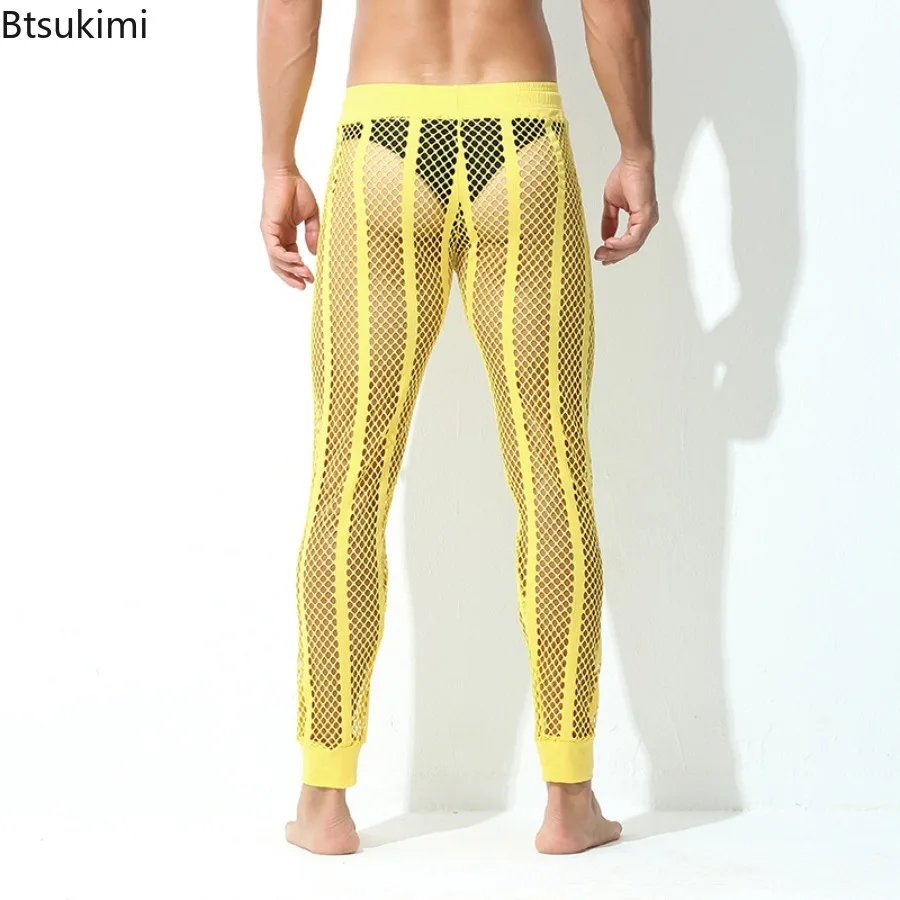 2025 남성 속옷 솔리드 컬러 섹시한 잠옷 바지 남성 레저 레깅스 투명 속이 빈 대형 메쉬 남성 긴 바지