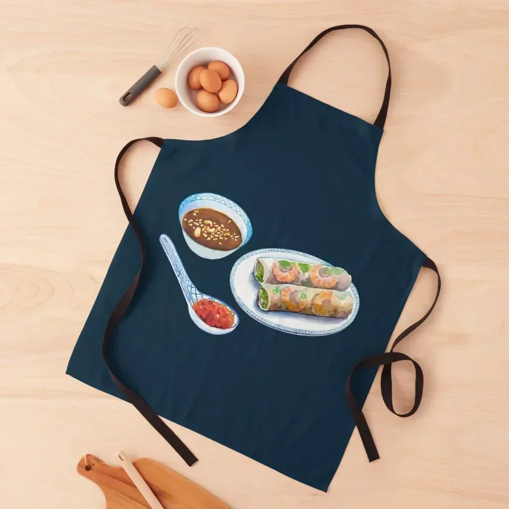 Rollo de primavera de camarones frescos vietnamita con delantal para salsa de maní, uniforme de Chef, ropa de cocina para mujer, delantal