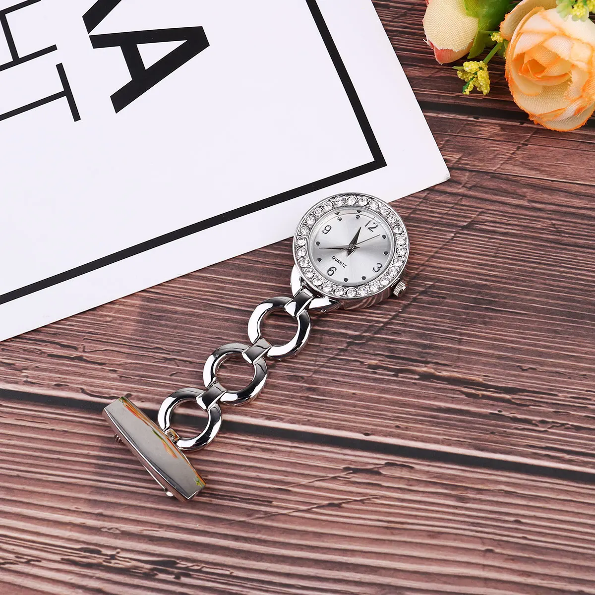 

1pc Chic Rolling Diamond Nurse Pocket Watch Rose Gold Durable Iron Material Simple Design Easy Read Display Gift For Friends