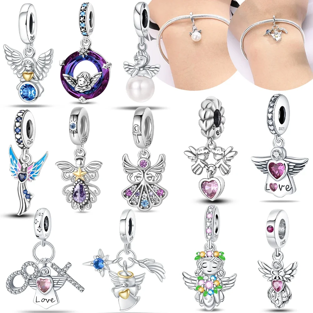 

S925 Silver Original Pink-winged Angel Cross Green Garland Girl Pendant Charm Beads Fit Bracelet Women Diy Fine Gift Accessory