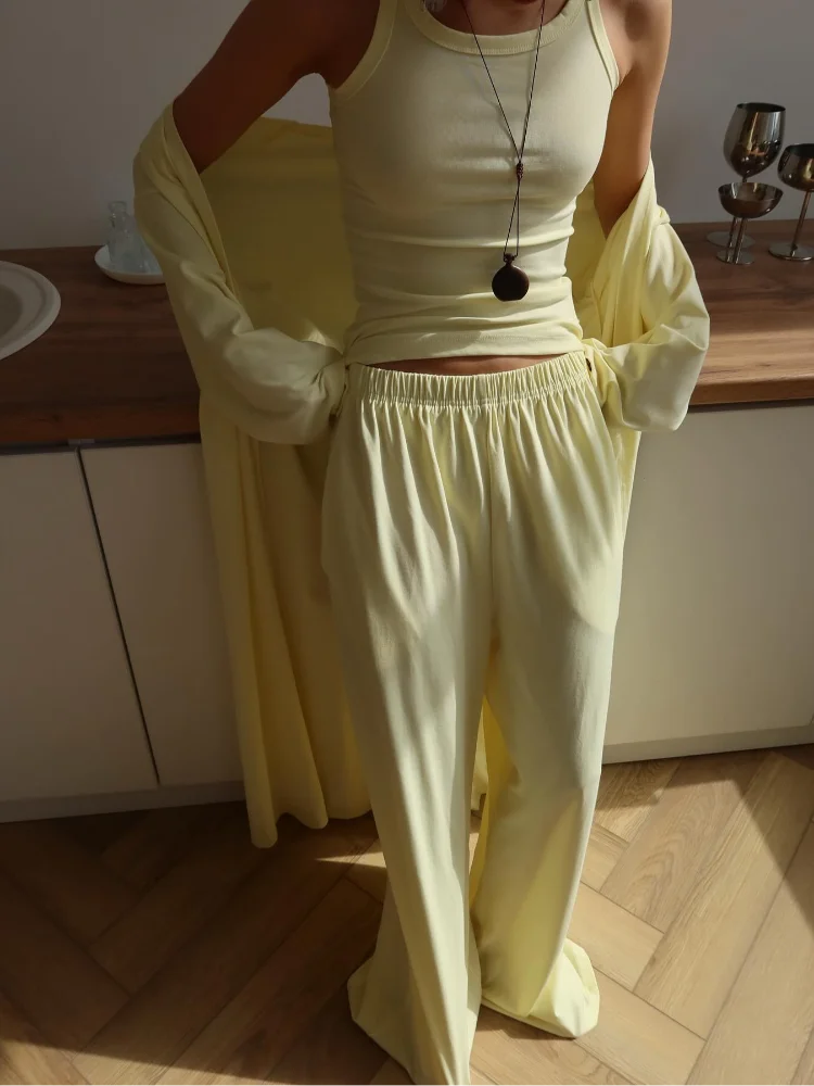 Conjunto de pantalones lisos elegantes para mujer, Top sin mangas con cuello redondo, cárdigan largo, pantalón recto de pierna ancha, moda de verano 2025, trajes informales para mujer