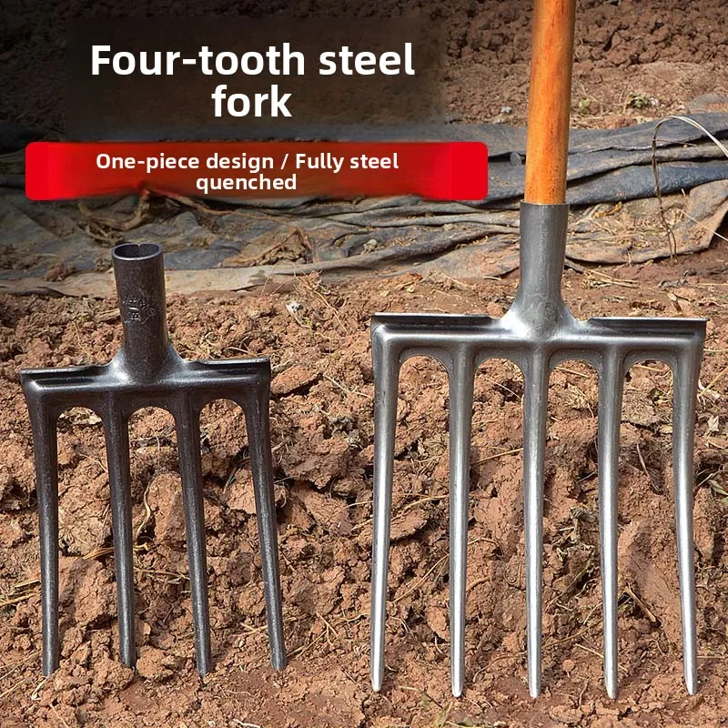 أداة حراثة بأربعة أسنان فولاذية مع مقبض خشبي، أداة فولاذية بالكامل لتفكيك التربة في حدائق الخضروات، أداة رمزية ثقافية للتشيجونغ #2