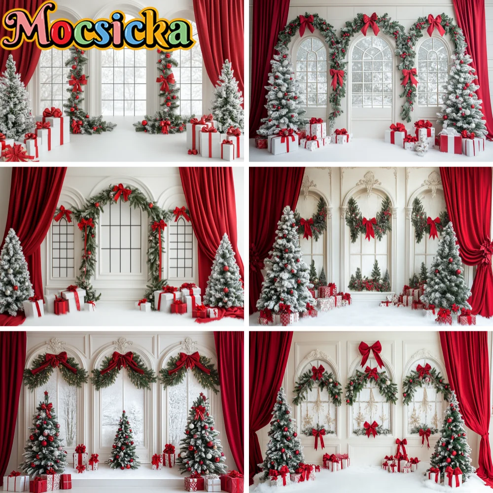 White Arch Window Christmas Photo Backdrop Red Curtain Bow Garland Flocked Xmas Tree Snow Ground Winter Studio Background Prop