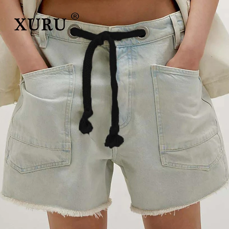XURU - شورت جينز نسائي جديد Y2k من قماش الدنيم، جينز فضفاض برباط متعدد الجيوب، جينز قصير نسائي فاخر