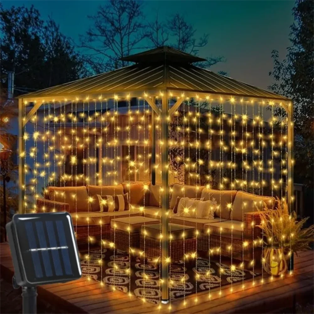 

Солнечные гирлянды-шторы на 100/200/300 светодиодов, 8 режимов, для улицы, сада, Рождества, декоративные украшения