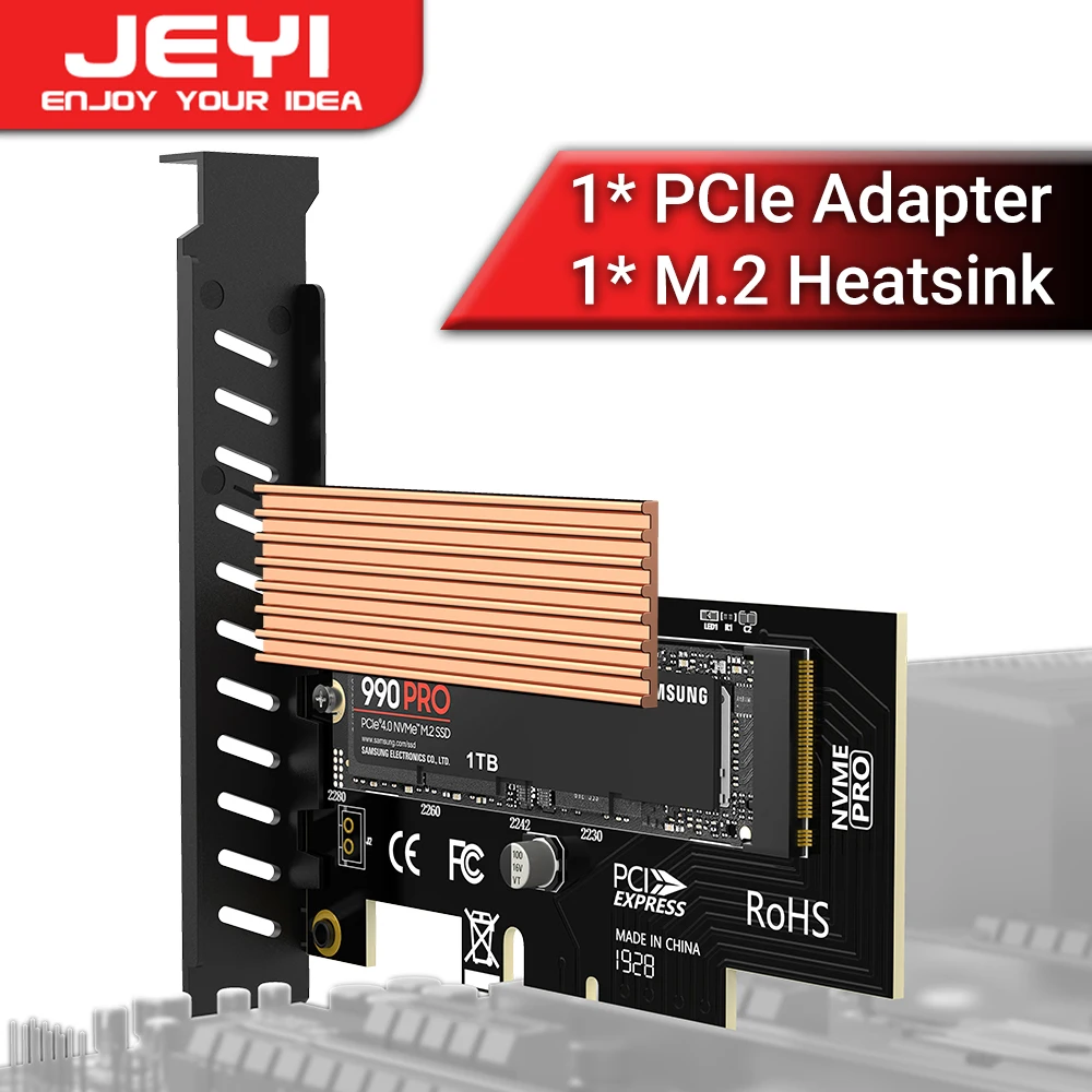 Karta adaptera JEYI M.2 NVME na PCIe z radiatorem SSD, karta rozszerzeń ssd PCIe 4.0 X4 64 Gb/s do komputerów stacjonarnych, Gen4 Gen3 Gen2