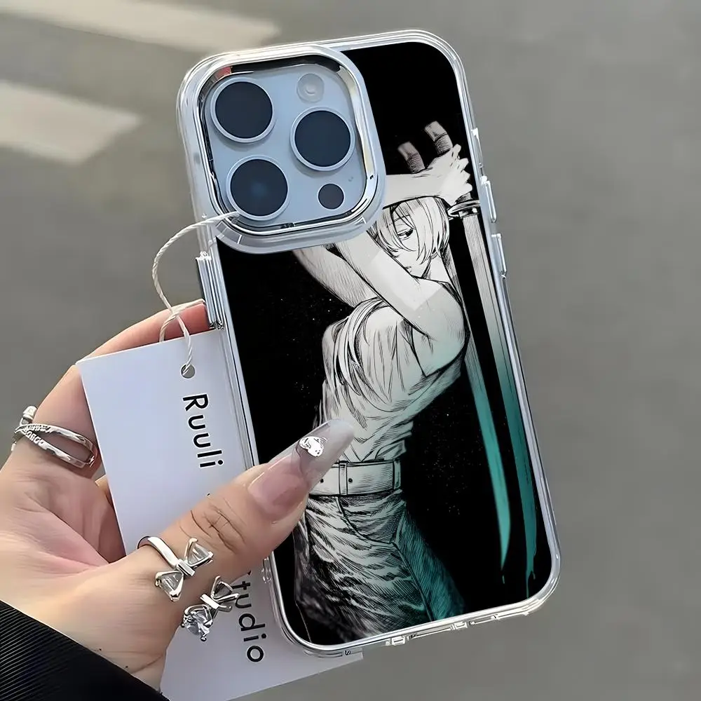 Funda de teléfono Anime Chainsaw Man Quanxi para iPhone 17 16 15 14 13 12 11 Pro Max Plus con botón cromado, anillo para cámara y carcasa transparente