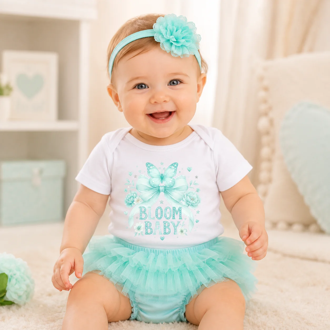 3-teiliges Set: Baby-Mädchen-Outfit mit Schmetterlings-Schleifen-Print, Kurzarm-Body, Mint-Tüll-Tutu-Rock und Blumen-Stirnband für Neugeborenen-Fotografie