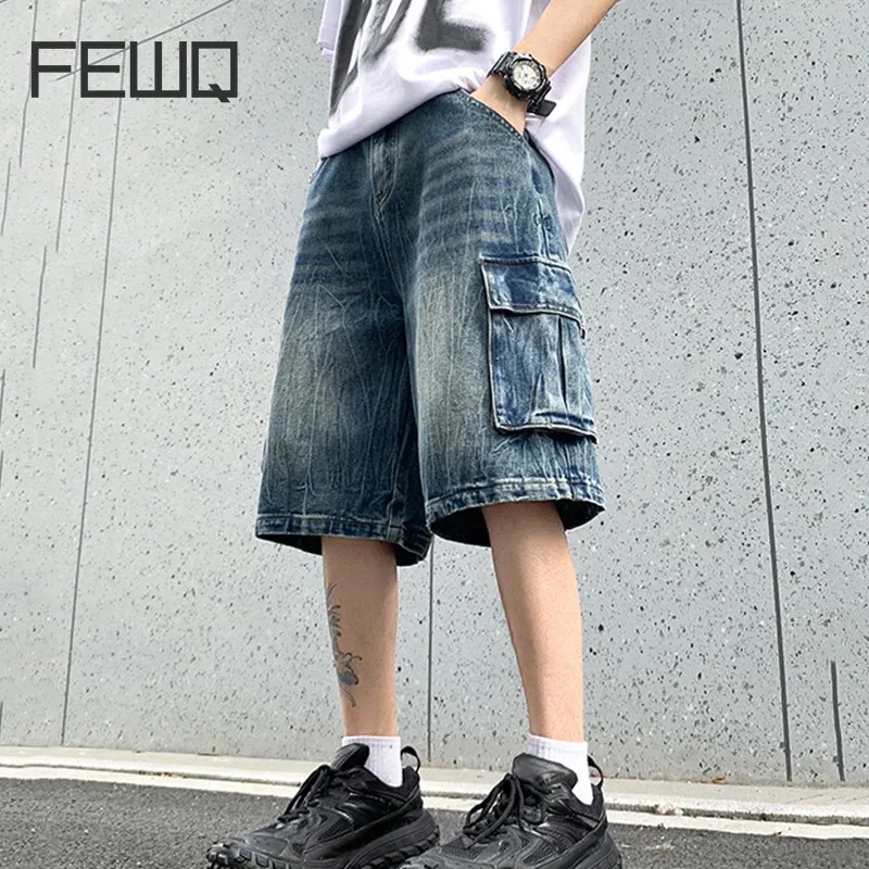 FEWQ High Street Niche Summer Denim Shorts 2024 Pleated Pocket Vintage New Korea Fashion Male Trousers Solid Color 24E1342