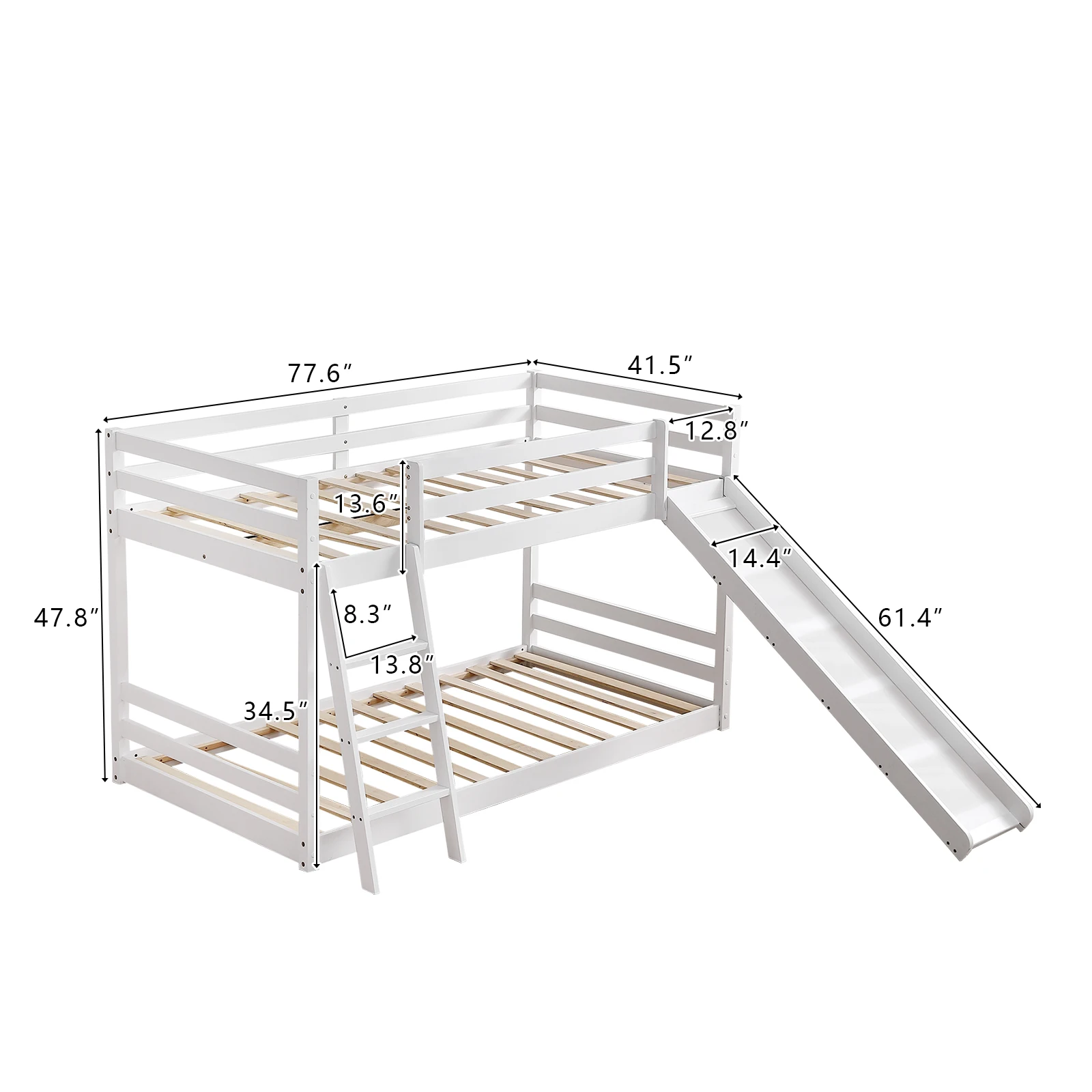 Wooden Twin Low Bunk Bed,  Frame with Full Guardrails & Integrated Ladder, Twins Bunk Beds for Kids Boys Girls