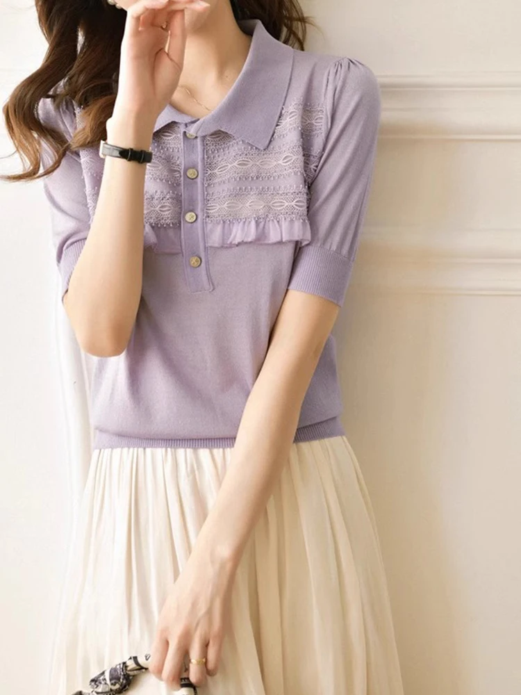 

Женская шелковая блузка Ele f Button с вязаным топом, рюшами, отложным воротником, коротким рукавом, летняя, приталенная, в корейском стиле