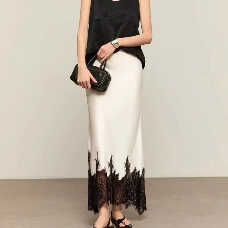 Fairy Lace-Trim Midi Skirt High Wasit Elegant Wrapped Hip Long Skirts Party 2025 Fashion Trends Summer Women Clothing