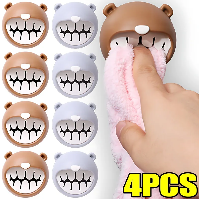 Cartoon Bear Towel Storage Rack Self Adhesive Towel Plug Holder Hook Towel Stopper Kitchen Bathroom Rag Dishcloth Clip Organizer