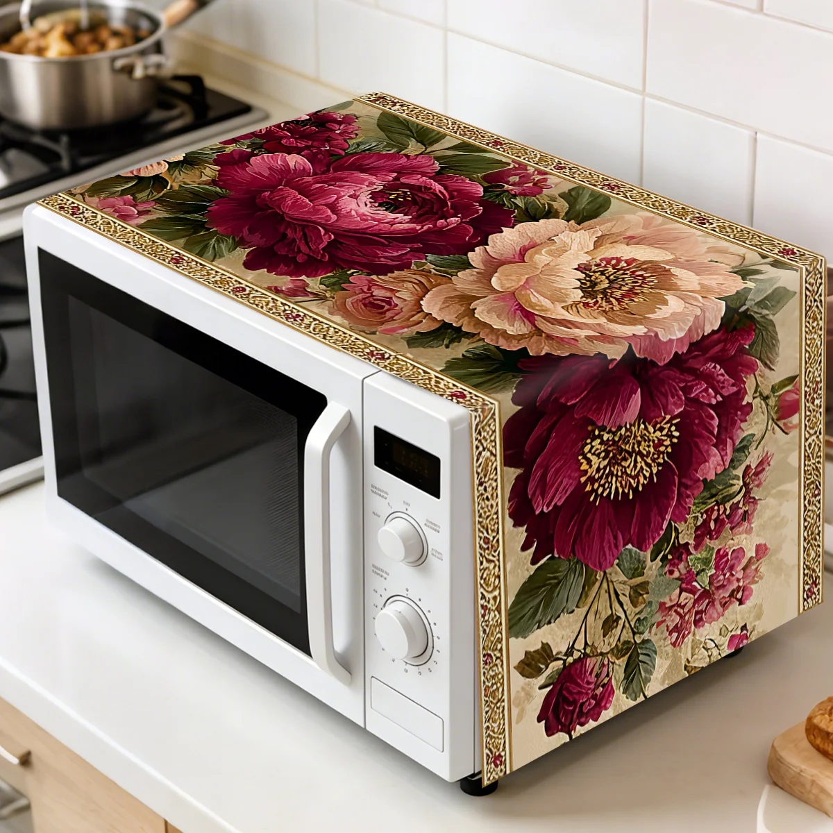 1pc Capa Protetora Retrô para Forno com Estampa Clássica de Peônia, Capa de Poliéster para Micro-ondas com Design Floral para Proteção de Eletrodomésticos de Cozinha
