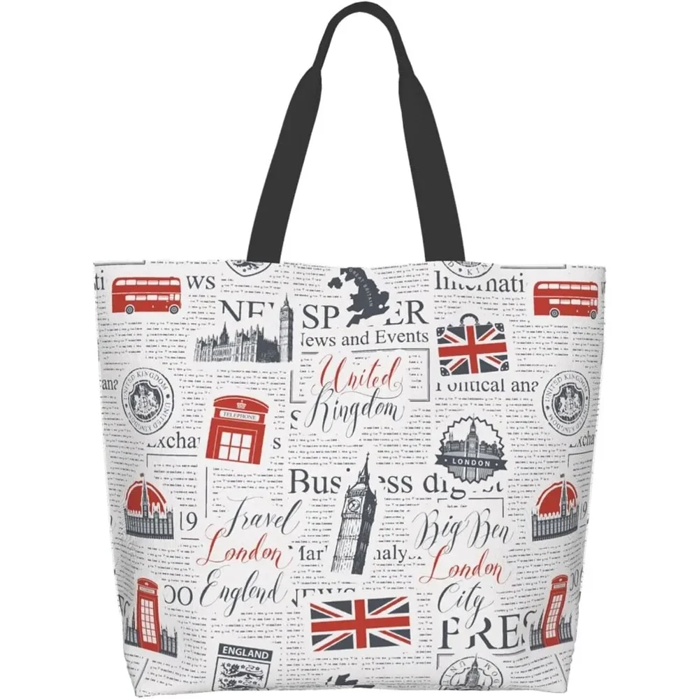 Background of British newspapers Tote Bag Large Women Casual Shoulder  Handbag Reusable Multipurpose Shopping Grocery 