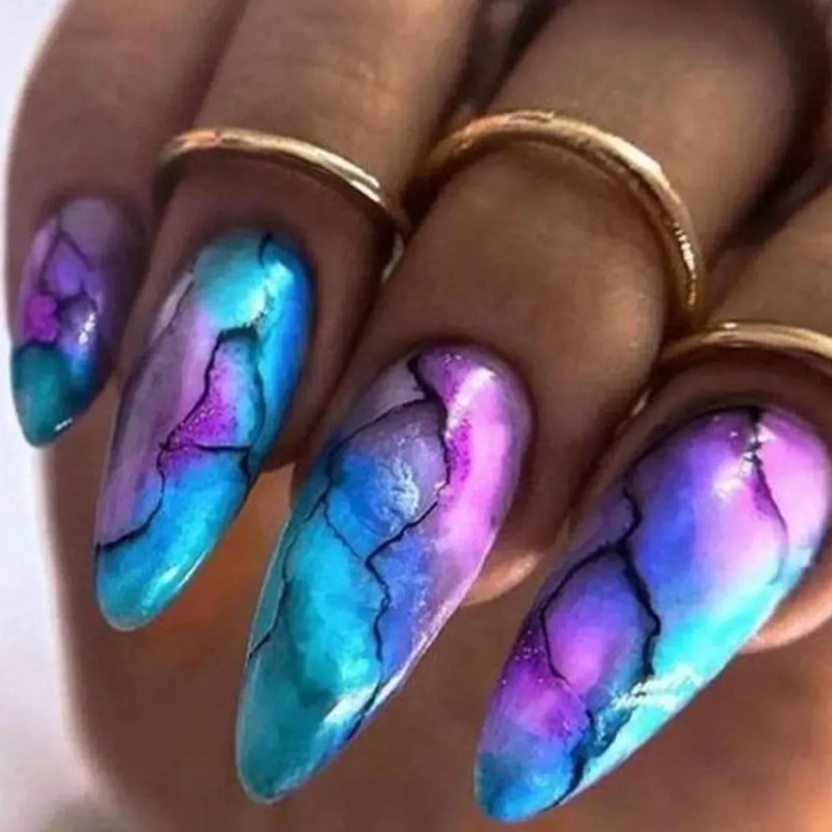 Press on Nails Medium Almond Shaped Colorful Smudge Marbling Design French False Nails Artificial Acrylic Nails Glossy Nails