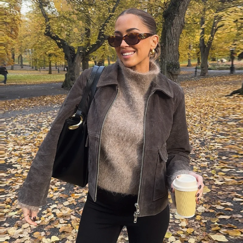 

Стильная минималистичная куртка, свободное двустороннее короткое пальто на молнии, осенняя шикарная модная повседневная женская верхняя одежда в уличном стиле